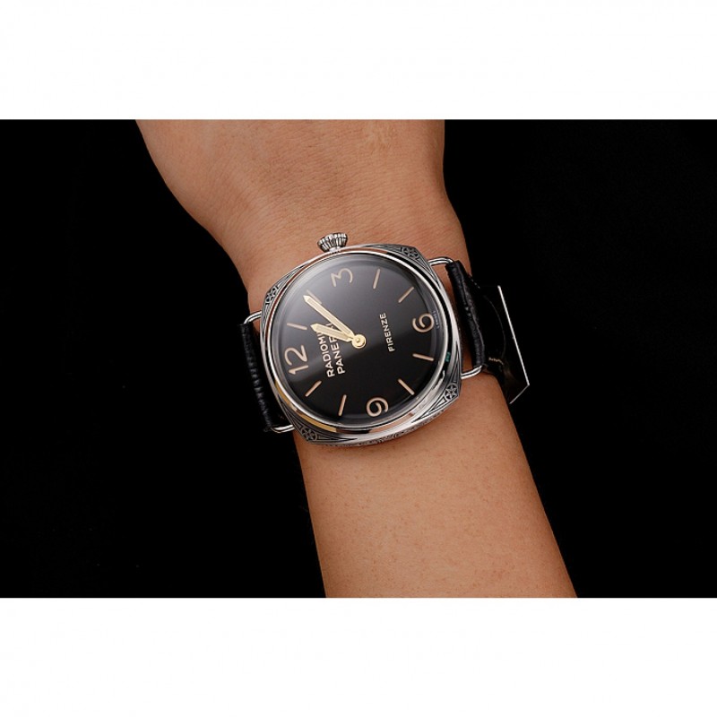 SS Replica Watches Panerai Radiomir Firenze 3 Days Acciaio PAM604 Black Dial Engraved Stainless Stell Case Black Leather Strap-8