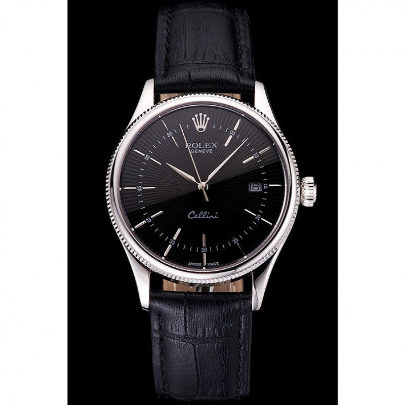 Luxury Replica Watches Swiss Rolex Cellini Date Black Dial Stainless Steel Case Black Leather Strap-1