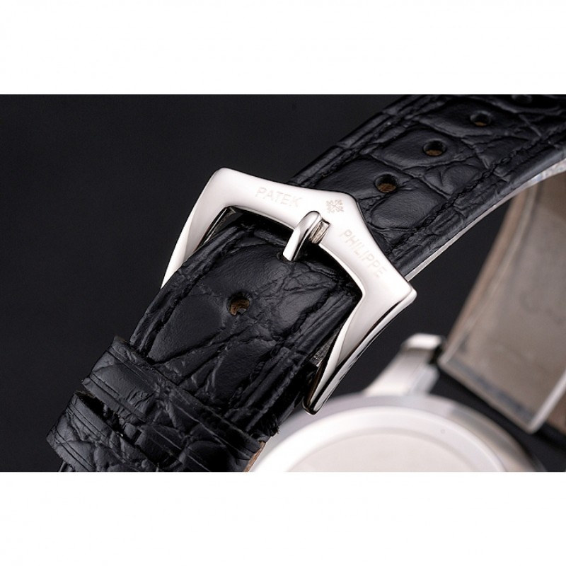 High End Patek Philippe Calatrava Date White Embossed Dial Stainless Steel Case Black Leather Strap-5