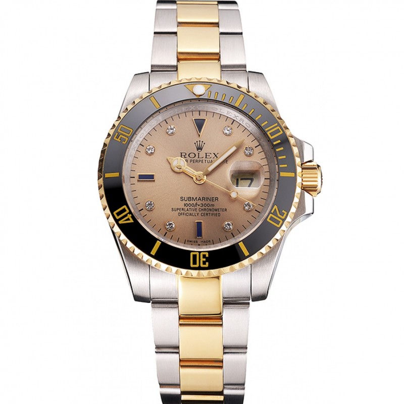 Swiss Rolex Submariner Gold Dial Diamond Markings Black Bezel Two Tone Steel Gold Bracelet-0