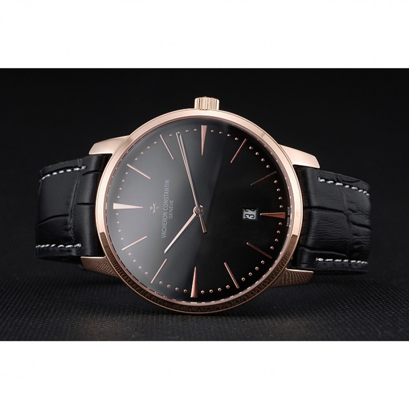 Swiss Vacheron Constantin Patrimony Black Dial Rose Gold Case Black Leather Bracelet 1454168-3