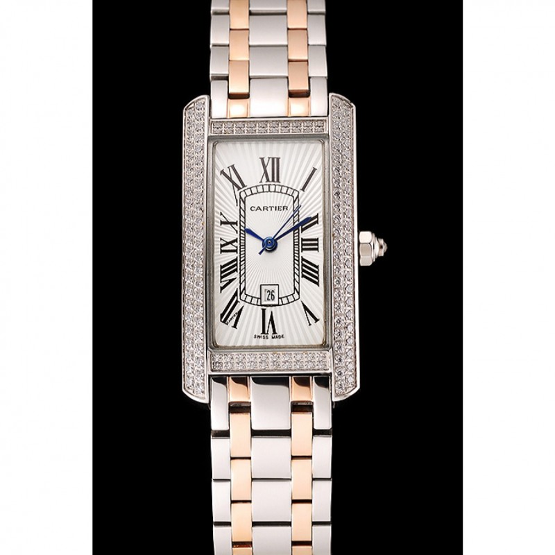Luxury Replica Watches Cartier Tank Americaine White Dial Diamond Bezel Stainless Steel Case Two Tone Bracelet 1453778-1