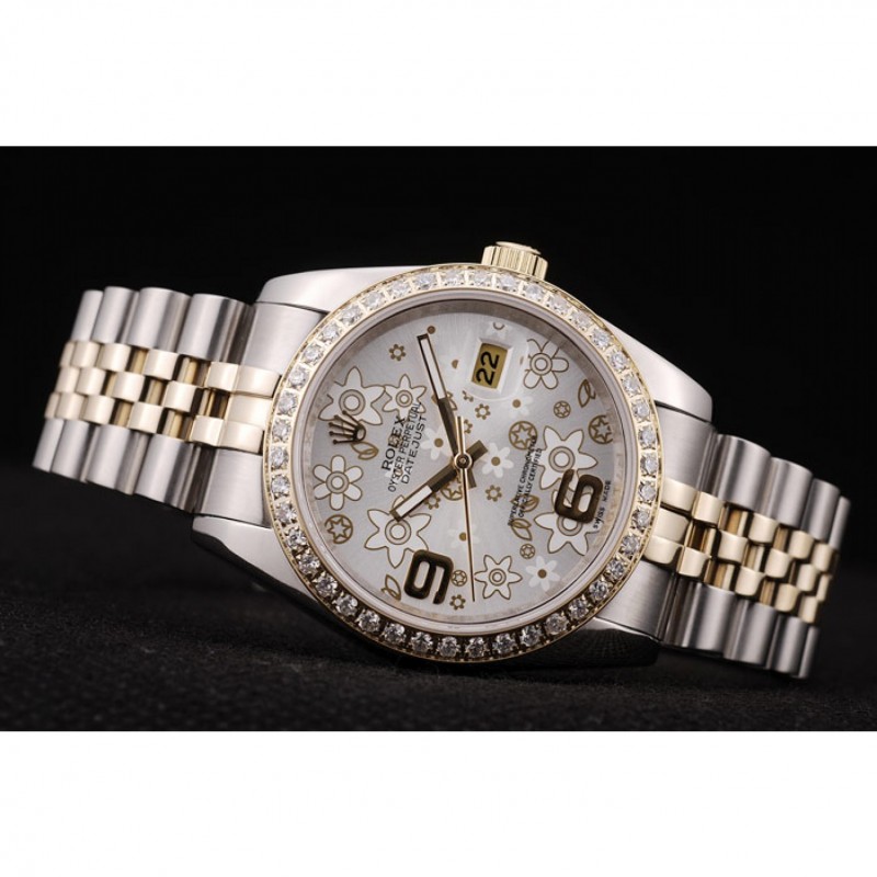 Rolex DateJust Brushed Stainless Steel Case Silver Flowers Dial Diamonds Plated-3
