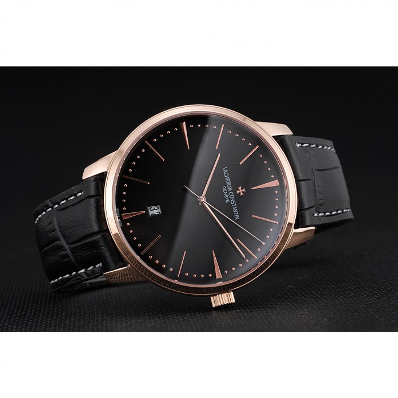 Swiss Vacheron Constantin Patrimony Black Dial Rose Gold Case Black Leather Bracelet 1454168-4