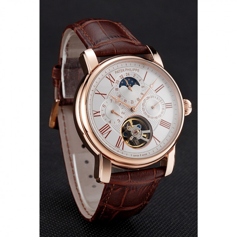 Patek Philippe Grand Complications Moonphase Perpetual Calendar Tourbillon White Dial Rose Gold Case Brown Leather Strap-2
