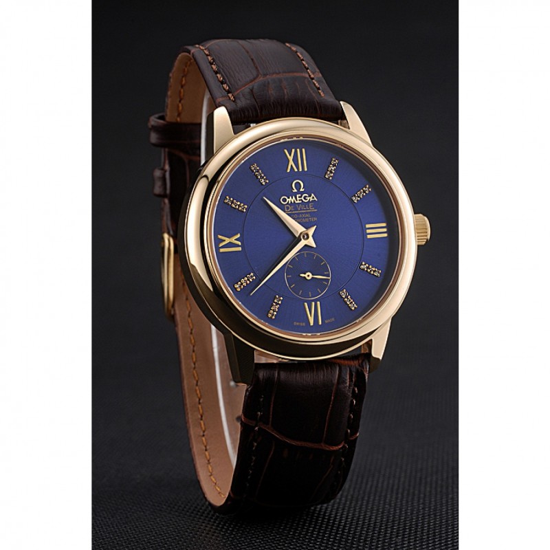 Omega DeVille Prestige Small Seconds Blue Dial Gold Case Brown Leather Bracelet 622601-2