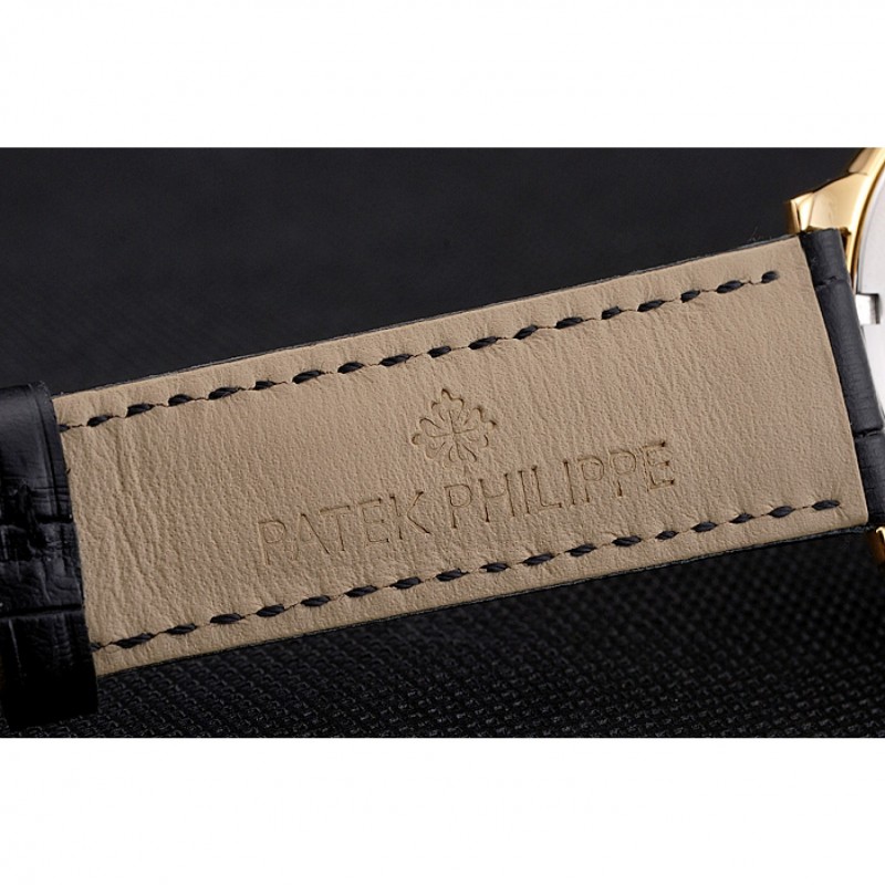 SS Swiss Patek Philippe Complications Openworked Dial Gold Case Diamond Bezel Black Leather Strap-7