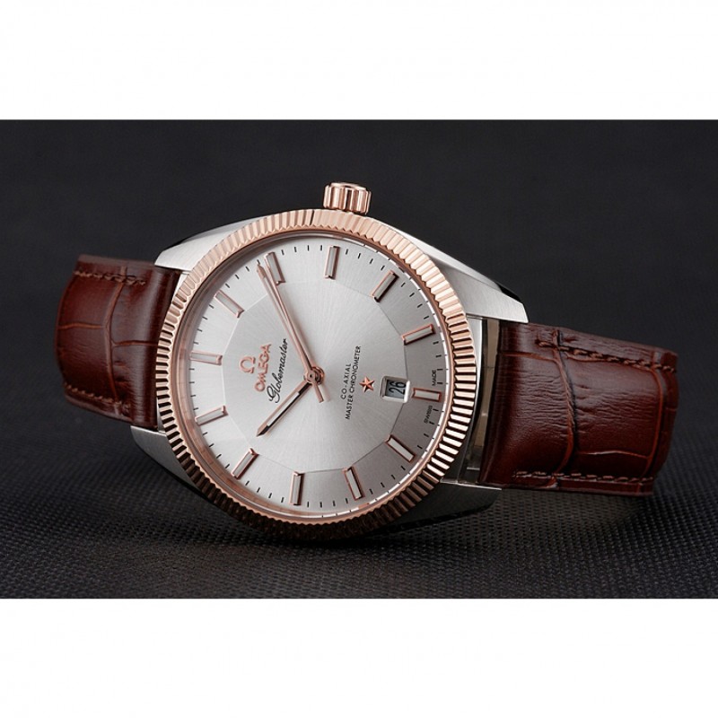 Omega Globemaster Silver Dial Rose Gold Bezel Stainless Steel Case Brown Leather Strap-3
