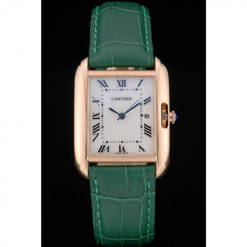 Cartier Tank Anglaise 30mm White Dial Gold Case Green Leather Bracelet-1