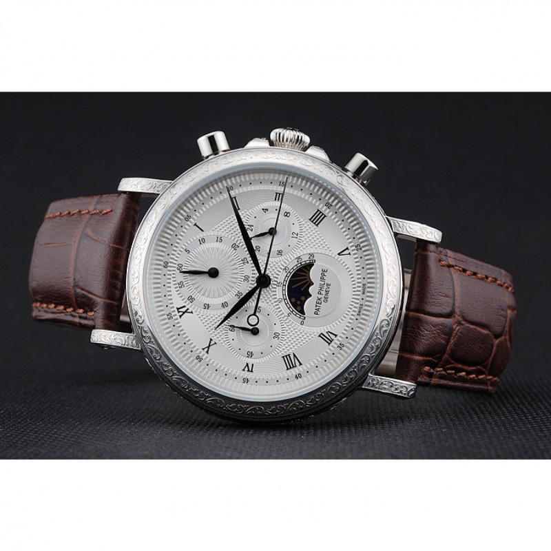 Patek Philippe Grand Complications White Dial Engraved Silver Case Brown Leather Bracelet 1454143-3