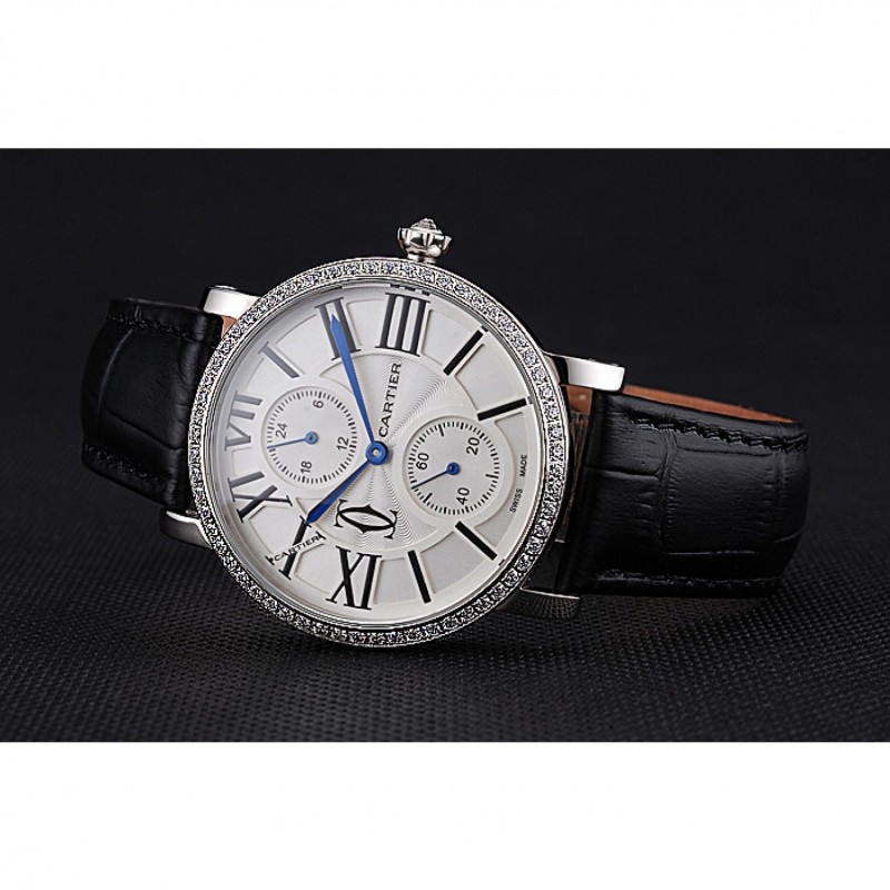 SS Cartier Ronde Second Time Zone White Dial Stainless Steel Case With Diamonds Black Leather Strap 622804-3