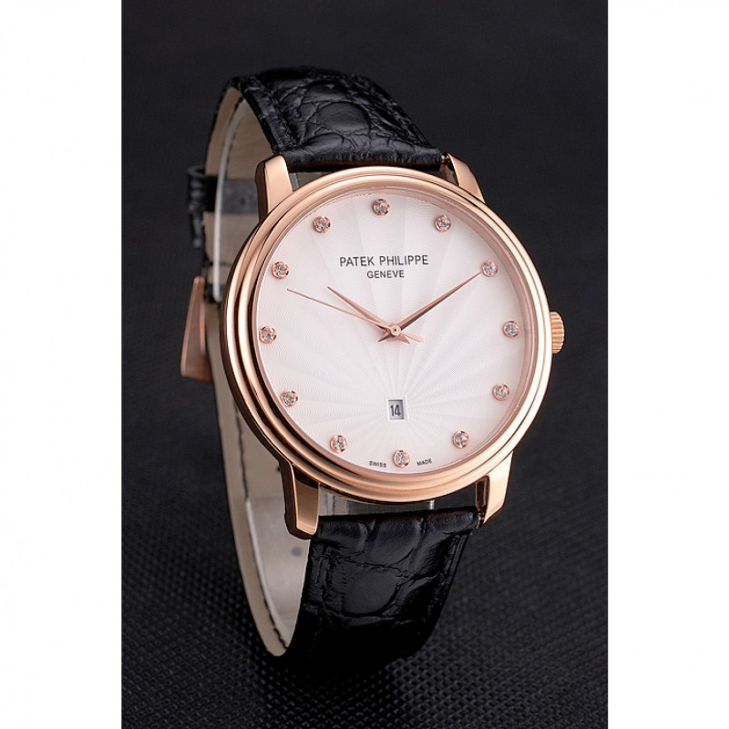 Patek Philippe Calatrava Date White Dial Rose Gold Case Black Leather Strap-2