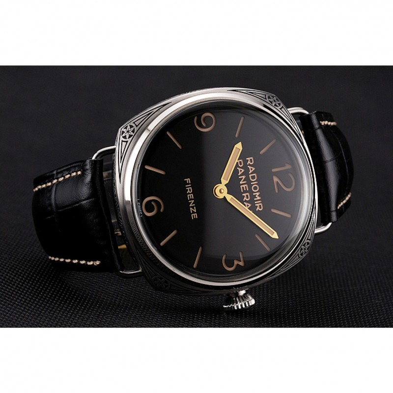 SS Replica Watches Panerai Radiomir Firenze 3 Days Acciaio PAM604 Black Dial Engraved Stainless Stell Case Black Leather Strap-4