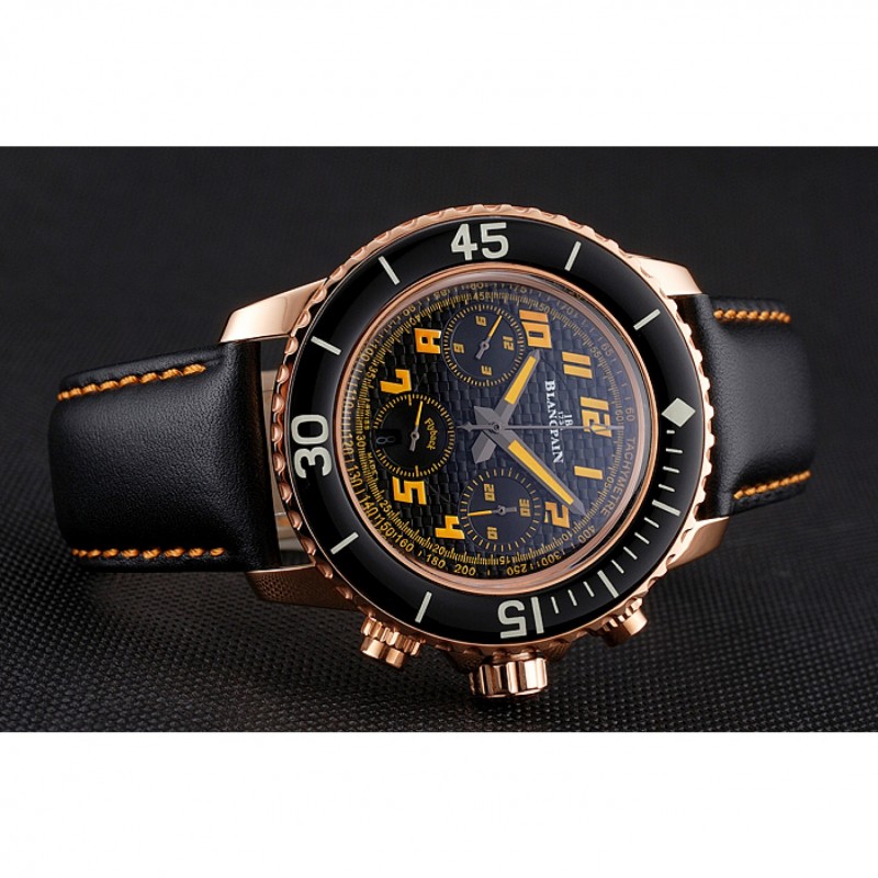 Swiss Blancpain Fifty Fathoms Flyback Chronograp Carbon Fiber Dial Rose Gold Case Black Leather Strap-3