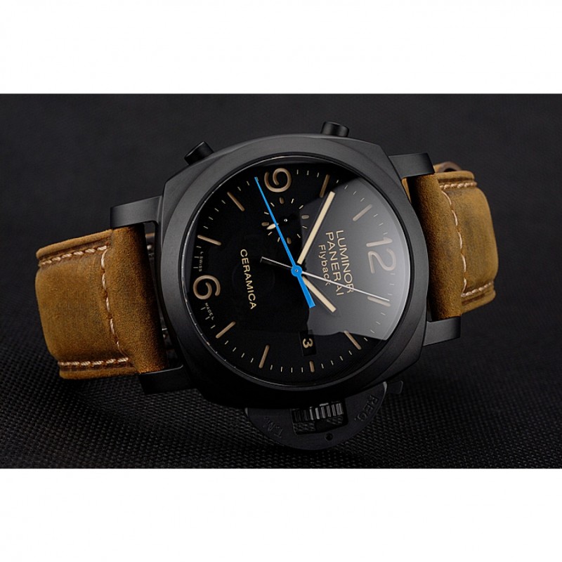 Swiss Panerai Luminor Ceramica Flyback Chronograph Black Dial Black Case Brown Leather Strap-3