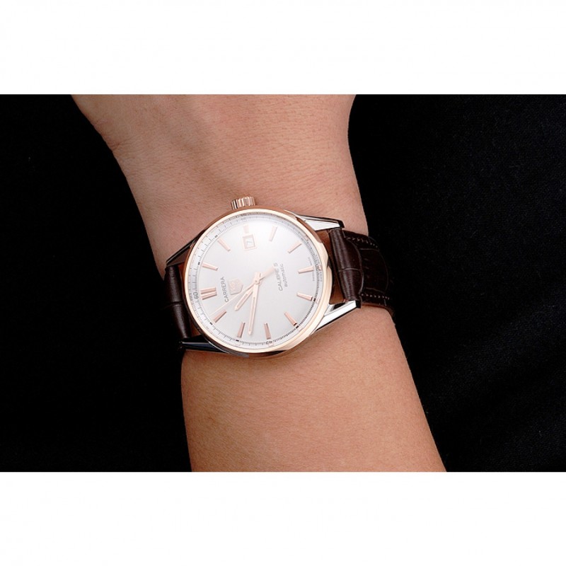High Quality Replica Watches Swiss Tag Heuer Carrera Calibre 5 White Dial Rose Gold Case Brown Leather Strap-7