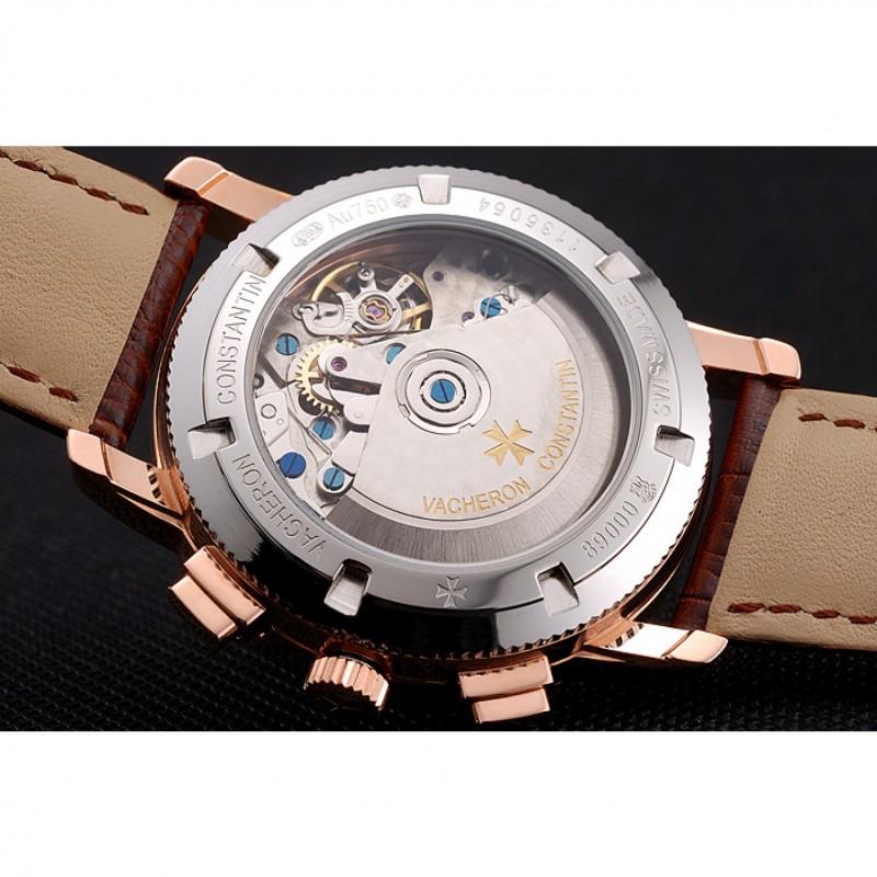 AAA Replica Watches Swiss Vacheron Constantin Patrimony Traditionnelle Chronograph Black Dial Diamond Bezel Rose Gold Case Brown Leather Strap 1453765-7