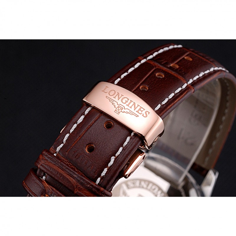 High End Longines Column Wheel Black Dial Two Tone Case Brown Leather Strap-5