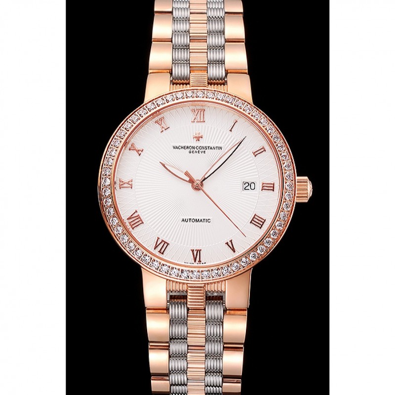 Swiss Vacheron Constantin Traditionnelle White Dial Diamond Bezel Rose Gold Case Two Tone Bracelet-1