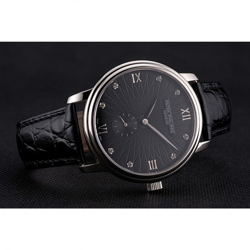 High End Patek Philippe Calatrava Dark Gray Dial Stainless Steel Case Black Leather Strap-4