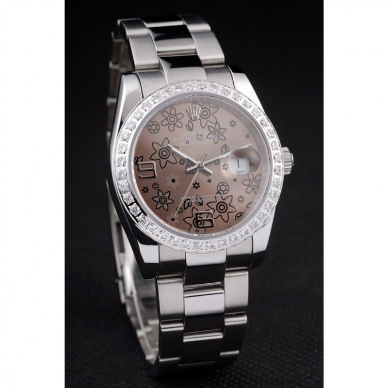 Rolex Datejust Polished Stainless Steel Brown Flowers Dial Diamond Plated-2