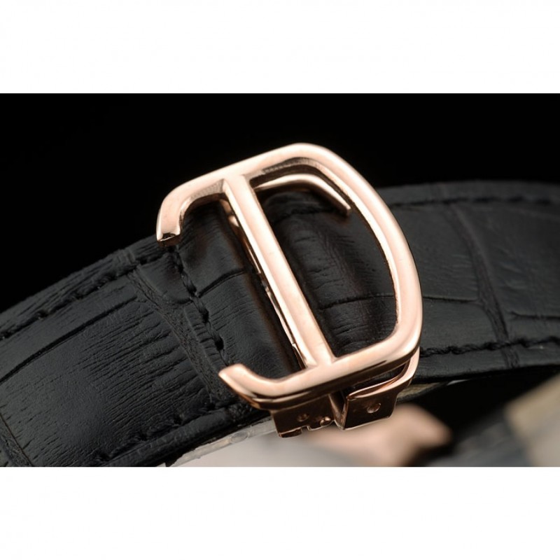 Cartier Calibre Black Dial Gold Case Black Leather Bracelet-5