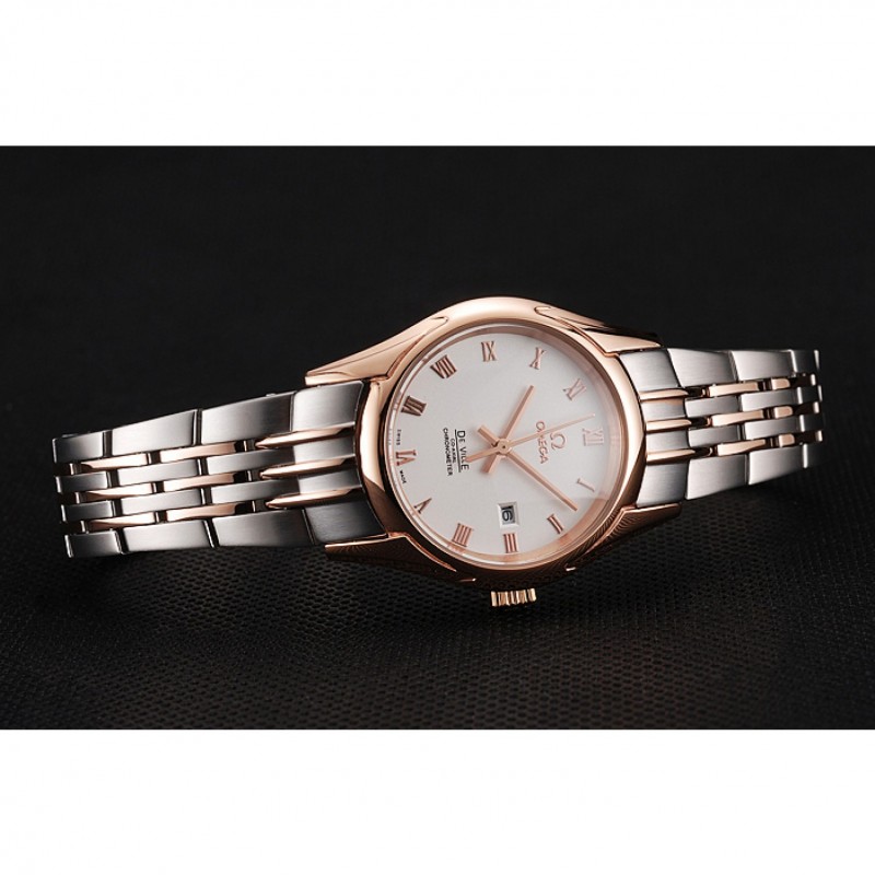 Omega De Ville Ladies White Dial Rose Gold Case Two Tone Bracelet 1453782-3