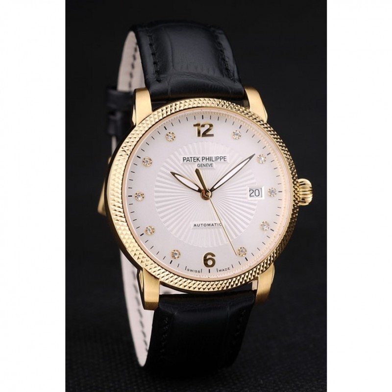 High Quality Replica Watches Patek Philippe Swiss Calatrava Ribbed Bezel White Dial Black Leather Strap 7642-2