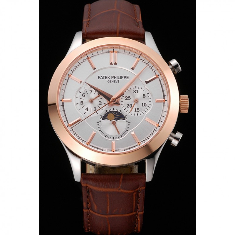 Luxury Patek Philippe Moonphase Chronograph White Dial Gold Case Brown Leather Strap 622843-1