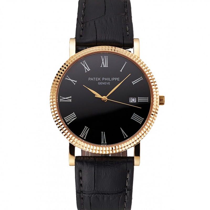 Patek Philippe Calatrava Black Dial Roman Numerals Ribbed Bezel Gold Case Black Leather Strap-0