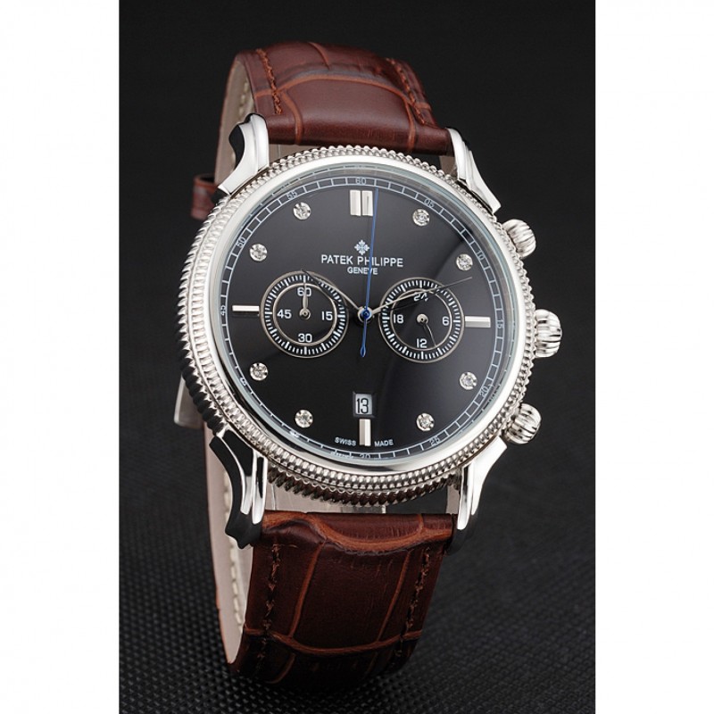 Patek Philippe Chronograph Black Dial With Diamonds Stainless Steel Case Brown Leather Strap-2