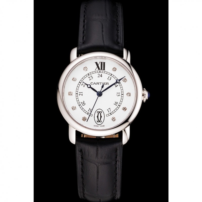 Cartier Ronde White Dial Diamond Hour Marks Stainless Steel Case Black Leather Strap-1