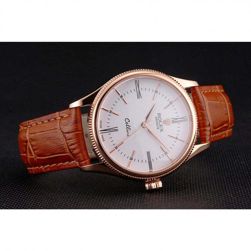 Cheap Swiss Rolex Cellini White Dial Roman Numerals Rose Gold Case Light Brown Leather Strap-4