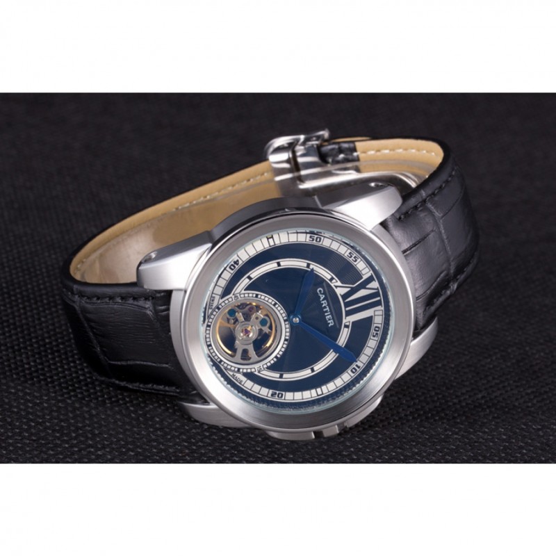 Cartier Calibre Flying Tourbillon Black Dial Stainless Steel Case Black Leather Bracelet-4