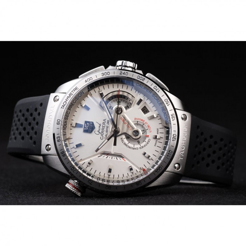 High Quality Replica Watches Tag Heuer Swiss Carrera Tachymeter Bezel Perforated Black Rubber Strap White Dial-4