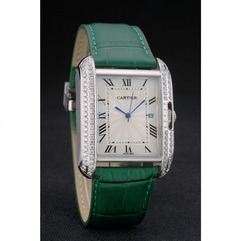 Cartier Tank Anglaise 36mm White Dial Diamonds Steel Case Green Leather Bracelet-2