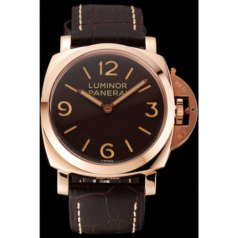 Swiss Panerai Luminor Brown Dial Rose Gold Case Brown Leather Strap 1453841-1