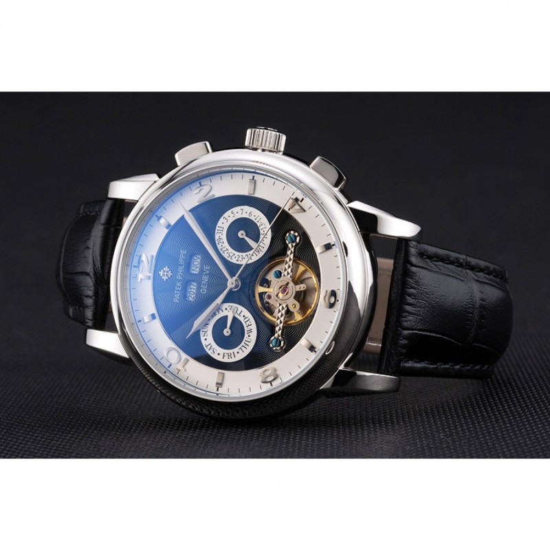 SS Replica Watches Patek Philippe Perpetual Calendar Tourbillon Two Tone Dial Stainless Steel Case Black Leather Strap-3