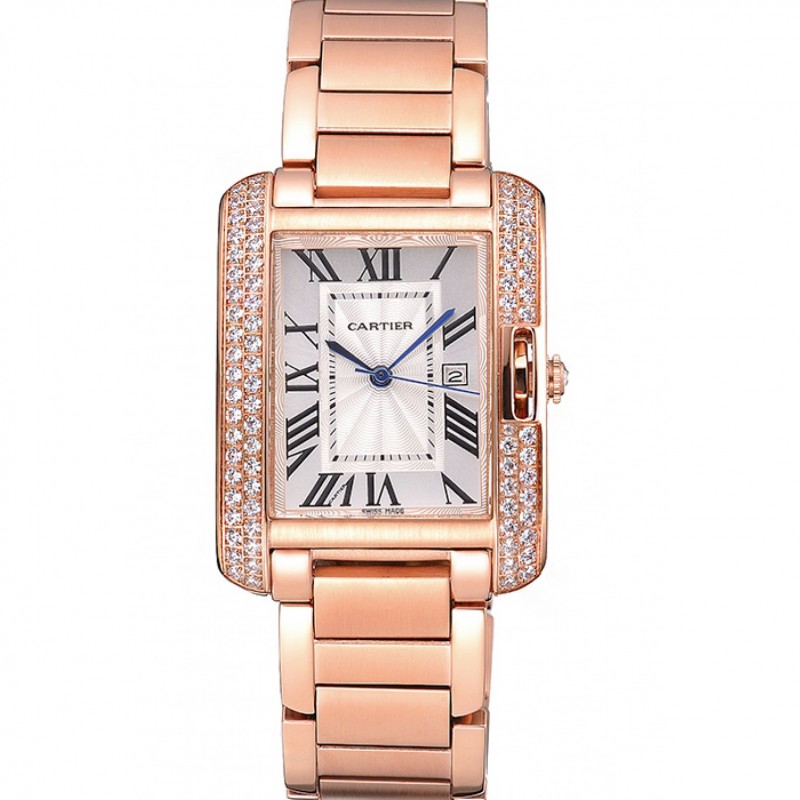 AAA Cartier Tank Anglaise 30mm White Dial Diamonds Rose Gold Case Rose Gold Bracelet-0