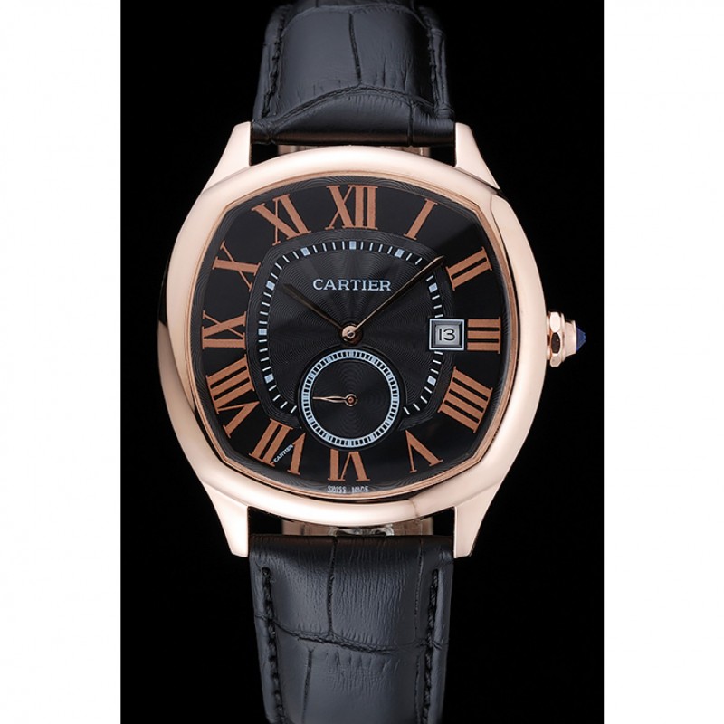 Cartier Drive De Cartier Black Dial Gold Case Black Leather Bracelet 1454214-1
