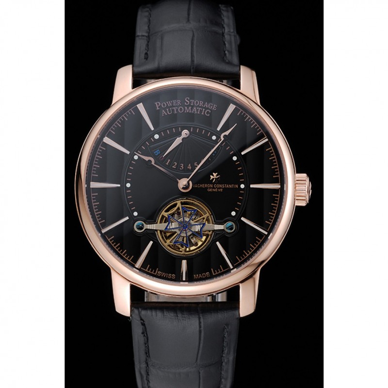 High End Replica Watches Vacheron Constantin Tourbillion Power Reserve Black Dial Gold Case Black Leather Bracelet 1454271-1