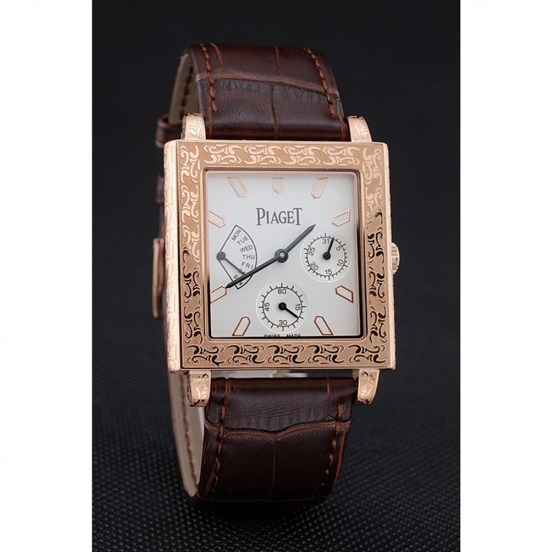Luxury Replica Watches Piaget Emperador Limited Edition White Dial Engraved Rose Gold Case Brown Leather Bracelet 1454140-2