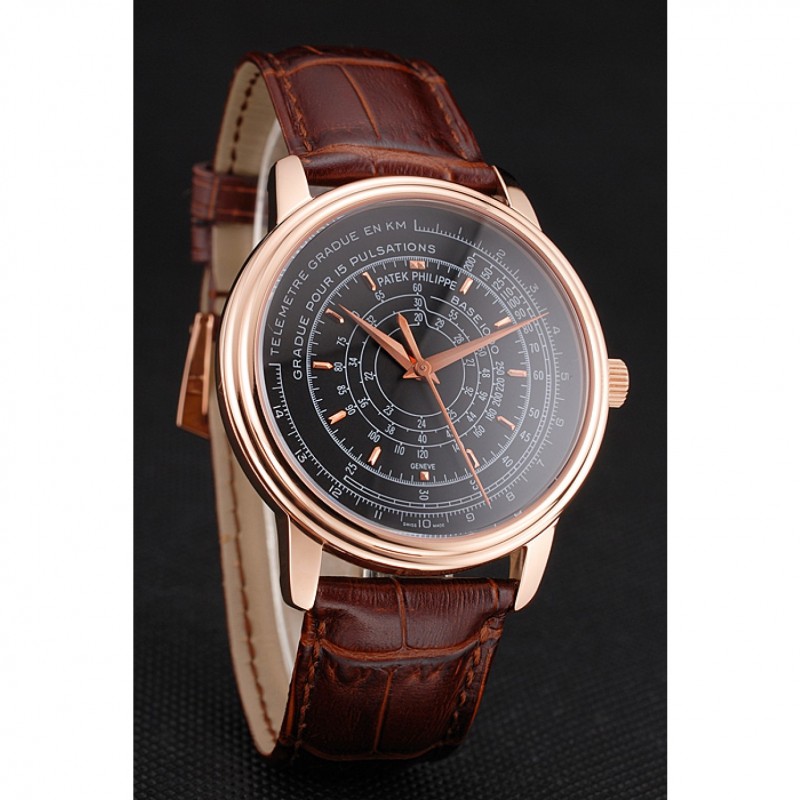 High End Swiss Patek Philippe Multi-Scale Chronograph Black Dial Rose Gold Case Brown Leather Strap-2
