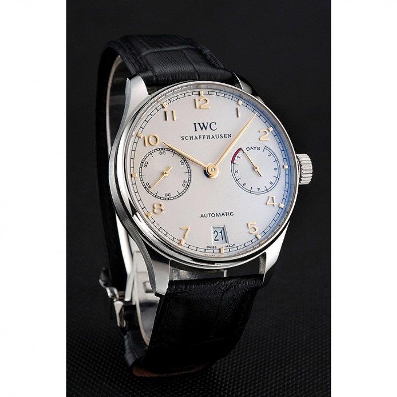 Swiss IWC Portuguese White Dial Gold Numerals Silver Case Black Leather Bracelet 1453908-1