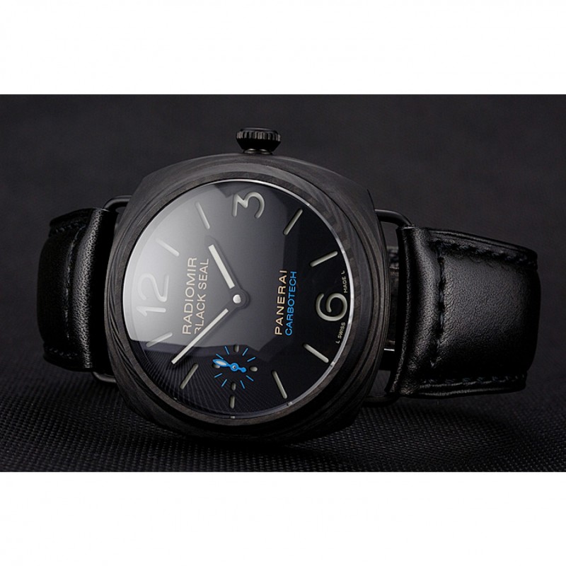 Swiss Panerai Radiomir Black Seal Carbotech Black Dial Black Case Black Leather Strap-4