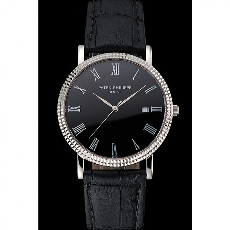 Patek Philippe Calatrava Black Dial Roman Numerals Ribbed Bezel Stainless Steel Case Black Leather Strap-1