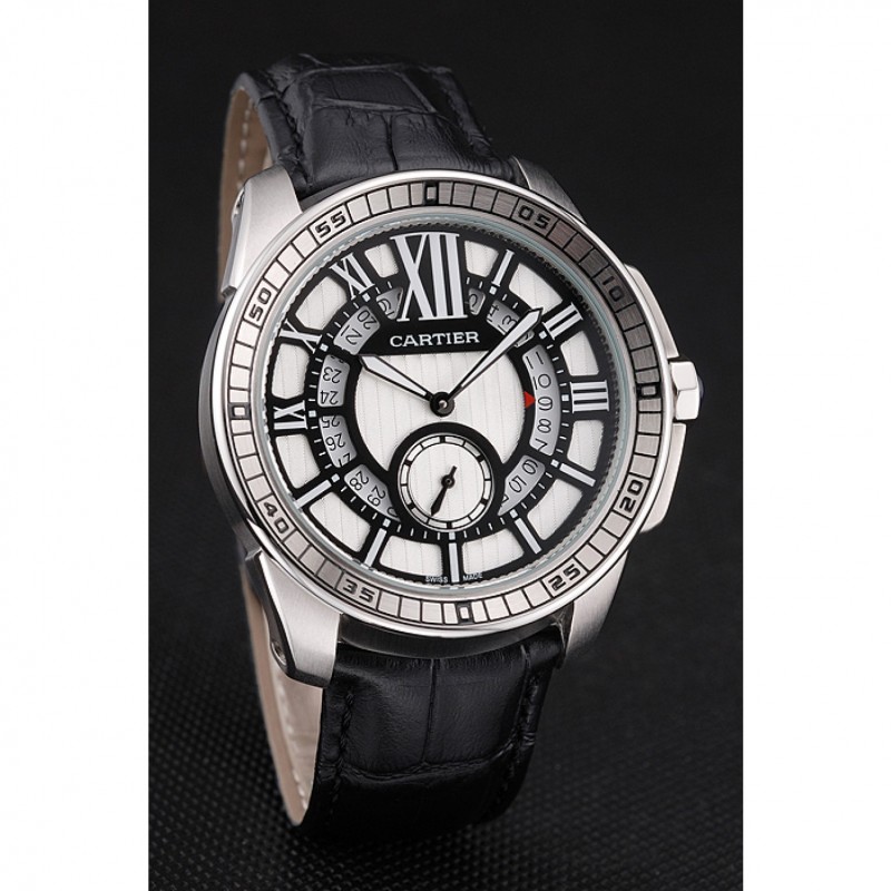 High Quality Replica Watches Cartier Calibre De Cartier Small Seconds Black And White Dial Stainless Steel Case Black Leather Strap-2