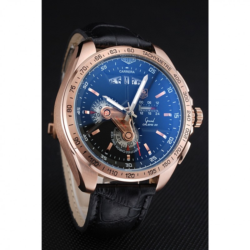 Tag Heuer Carrera Rose Gold Bezel with Black Dial and Black Leather Strap 621538-1
