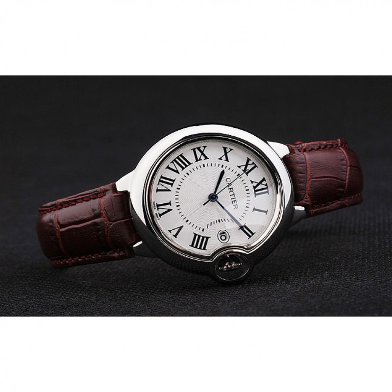 SS Replica Watches Cartier Ballon Bleu 42mm White Dial Stainless Steel Case Brown Leather Bracelet-2