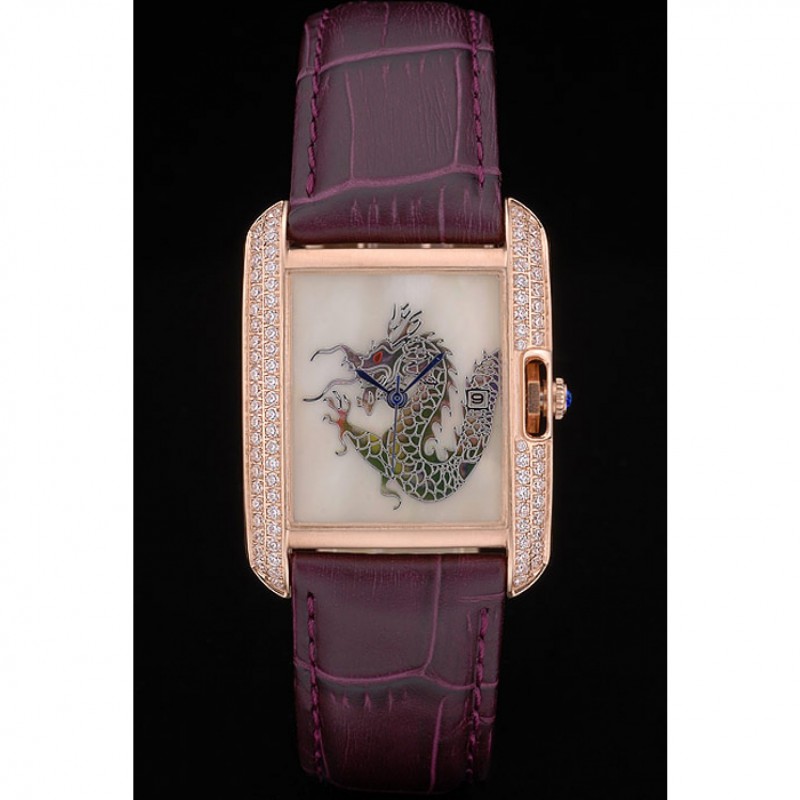 Cartier Tank Anglaise White Dragon Dial Diamonds Gold Case Purple Leather Bracelet-1